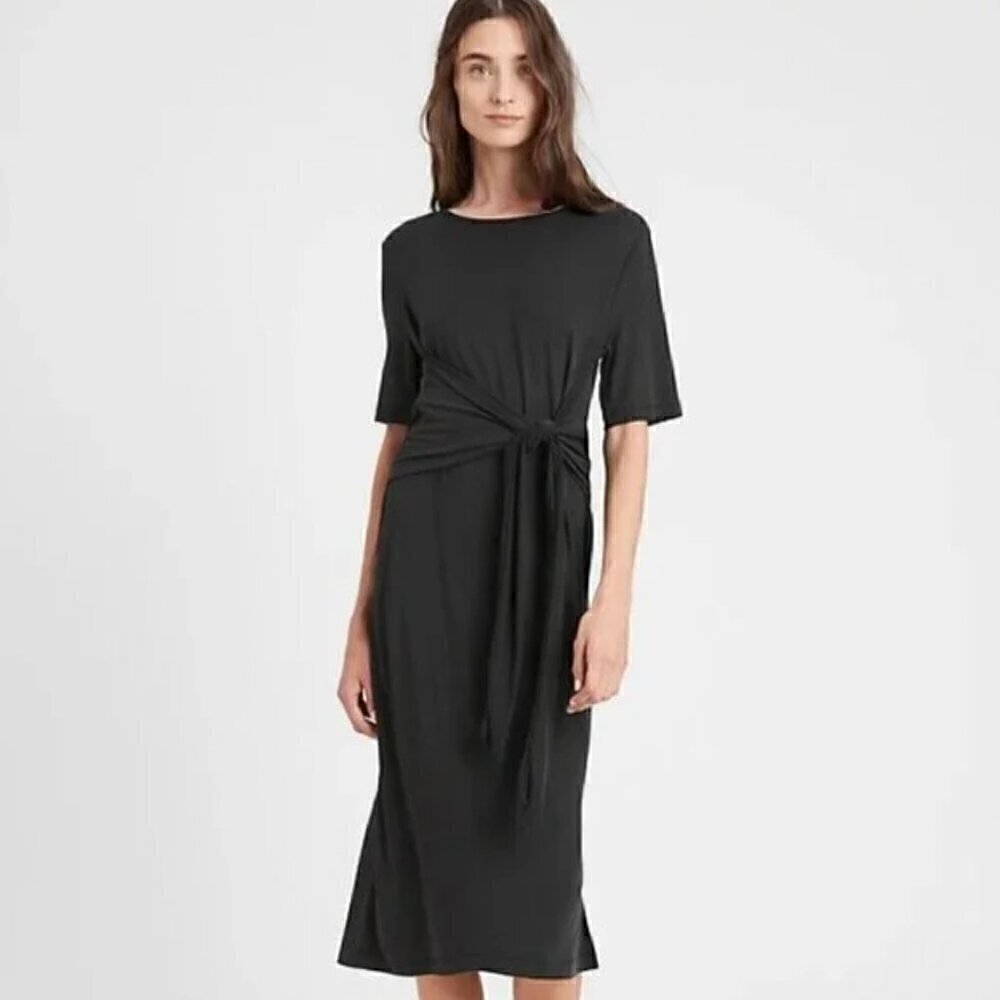 Banana Republic Black Sand-wash Twist Front Half Sleeve Midi Dress XXS Modal